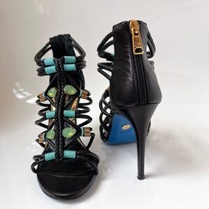 $895 | Loriblu Black Leather Turquoise Crystals Embellished Caged Sandals 39.5IT